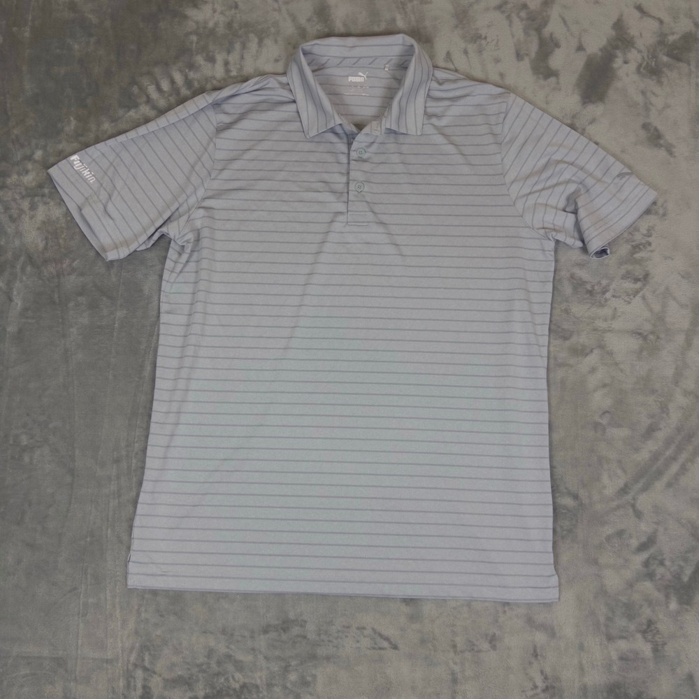 Puma Golf Polo Shirt Mens Large Grey Striped Short Sleeve Fujikin Logo Sport